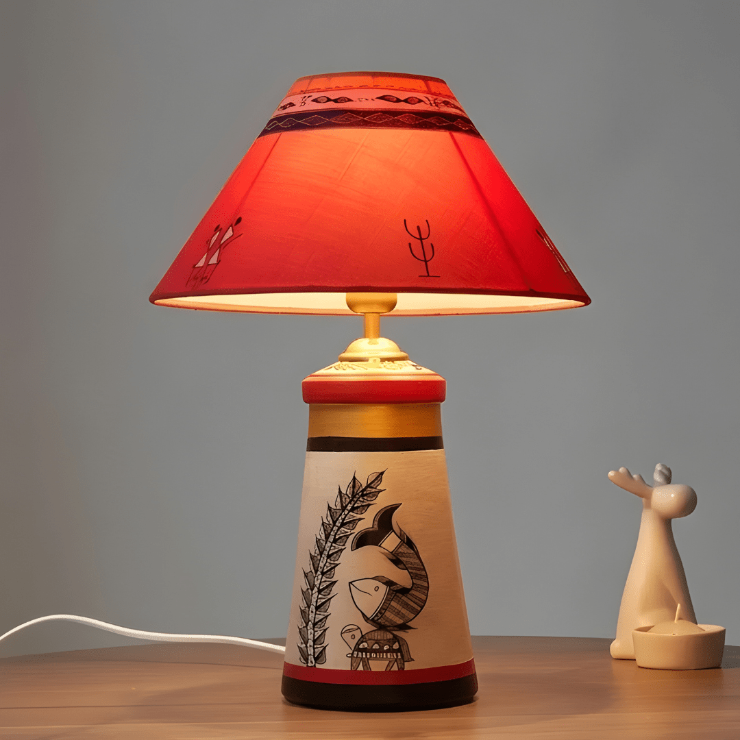 Handcrafted Warli Art Table Lamp – Red & Gold Ethnic Shade - Memories InsiteWARLI ART LAMP -RED & Gold